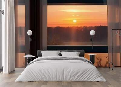 two cups of coffee sit on a table next to a window with the sunset in the background Wall mural