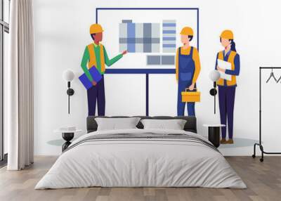 Building industry concept. Architecture team presentation project on meeting. Architect showing drawing building on board to Business people engineers group. Vector illustration in a flat style Wall mural