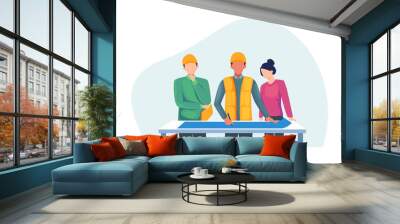 Building industry concept. Construction worker holding blueprint, Architects discuss a project. Construction of buildings according to drawings, Contractor and engineer character. Vector in flat style Wall mural