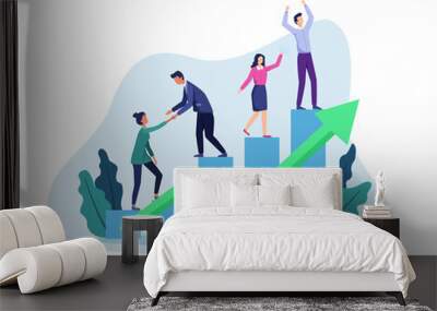 Business growth illustration. People walking up drawn stairs to success, Stepping on chart bar. Corporate growth plan, Business development to success and growing growth concept. Vector in flat style Wall mural