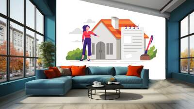 Buy or rent real estate illustration. People buying property with mortgage, Reading contract and legal document. Property market, Real estate agent concept, Vector illustration in a flat style Wall mural