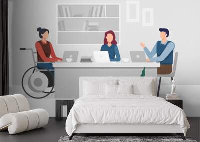 Disabled people in office. Young women with disabilities work in an office with a team, Meeting and Brainstorming project. Young woman in wheelchair working with colleague. Vector in a flat style Wall mural