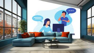 Hotline operator illustration concept. Female hotline operator advises client, Customer service, Customer and operator. Online global technical support 24 hours. Vector illustration in a flat style Wall mural