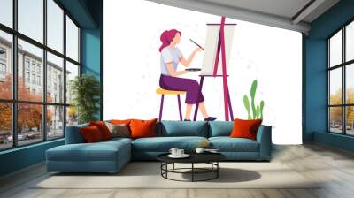 Painting flat illustration concept. Young woman paint using Easel, Canvas, Brushes and Watercolor. Vector illustration in a flat style Wall mural