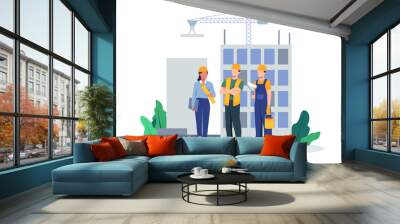 Team of builders and industrial workers. Contractors working on architecture project. Colleagues in uniform and hard hats. Man and woman industry or construction employees. Vector in flat style Wall mural