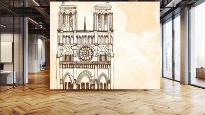 Drawing of Notre Dame de Paris, France on grunge beige background Wall mural