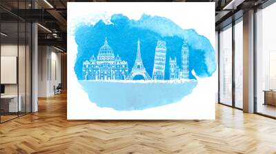 St. Peter's Basilica, Eiffel Tower, Tower of Pisa, Big Ben (Elizabeth Tower), world landmarks vector set on hand drawn watercolor background, isolated on white Wall mural