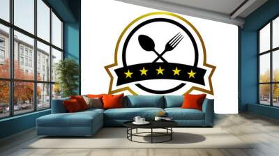 Popular Spoon and Fork symbol premium 5 star restaurant Vector logo emblem illustration Wall mural