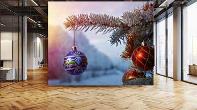 bright Christmas bauble from a snow covered Christmas Tree Branch  Wall mural