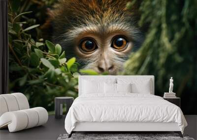 A cute monkey lives in a natural forest. Monkey face close up, generative ai Wall mural