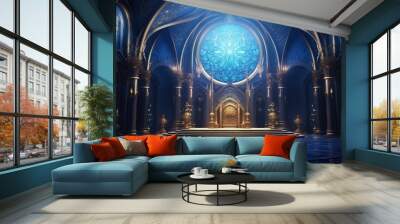 A realistic fantasy blue interior of the royal palace. golden blue palace. castle interior. Fiction Backdrop. concept art., generative ai Wall mural