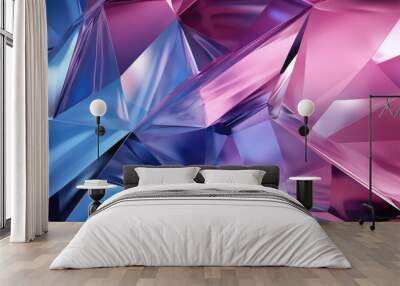 Abstract 3d texture, blue pink crystal glass background illustration, faceted texture with gradient, macro panorama, wide panoramic polygonal wallpaper, Generative AI Wall mural