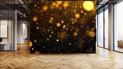 abstract dark brown and gold particle backdrop. christmas golden light shed bokeh particles over a background of black. gold foil appearance. holiday idea,  Wall mural