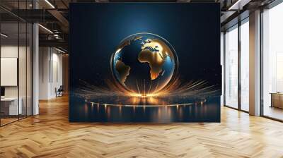 Abstract gold globe on dark blue background. 3D style. Global business concept., generative ai Wall mural