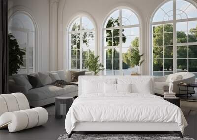 Big arched windows in room with white sofa and wicker armchairs. Interior design of modern living room. Generative AI Wall mural