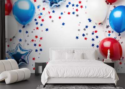 blue, white and red balloons and stars confetti on a white background with copy space. celebrating 4th of july banner, high quality photo Wall mural