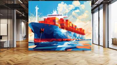 Cargo ship with containers on blue background. illustration art., generative ai Wall mural