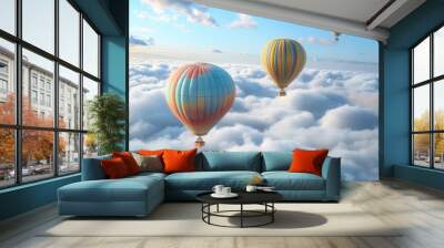 colorful hot air balloons soaring above the clouds, 4k hyperrealistic photo, high quality image Wall mural