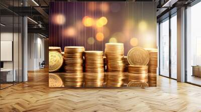 Double exposure of golden coin stack and stock market graph on bokeh background., generative ai Wall mural