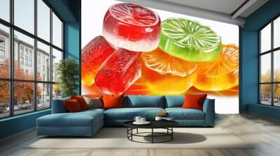 Falling fruit marmalade sweets and jelly candies isolated on transparent background, PNG. Group of red, orange and green multivitamin gummies isolated on transparent, generative ai Wall mural