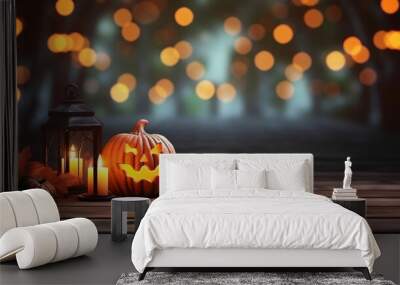 Happy Halloween holiday background banner greeting card - Wooden table with carved glowing pumpkin and blurred background with cemetery, Generative AI Wall mural