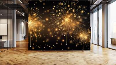 HAPPY NEW YEAR 2024 - Festive firework silvester New Year Eve Party background banner greeting card - Gold fireworks pyrotechnics in the dark black night with calendar date, Generative AI Wall mural