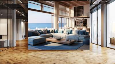 Luxury coastal style home interior design of modern living room in seaside house. Generative AI Wall mural