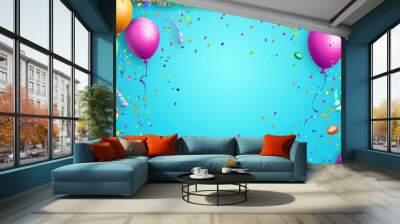 multicolored carnival or birthday background on blue with a frame of colorful party balloons, streamers, confetti and candy, detailed and intricate image Wall mural