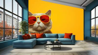 orange cat wearing sunglasses on a yellow background., generative ai Wall mural