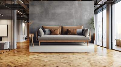 Rustic sofa near grey wall with two frames against big window. Scandinavian, rustic home interior design of modern living room Generative AI Wall mural