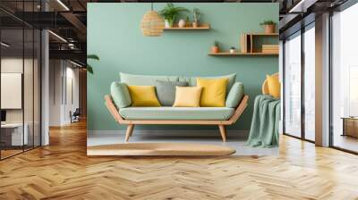 Scandinavian home interior design of modern living room. Rattan sofa with mint cushions and yellow pillows against green wall with wooden shelf Generative AI Wall mural