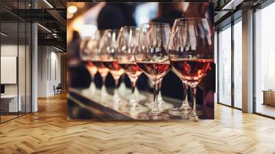 Wine glasses in a row with a group of people on catering. Buffet table celebration of wine tasting. Nightlife, celebration and entertainment concept. Horizontal, generative ai Wall mural