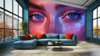 A closeup portrait with a focus on a woman s eyes, adorned with glittering eyeshadow and false lashes Wall mural