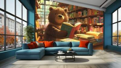 A happy bear perusing a bookstore flipping through pages of colorful picture books and storybooks Wall mural