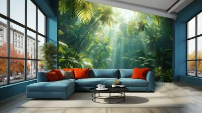 A lush tropical jungle with towering palm trees and exotic birds.Professional photographer perspective Wall mural