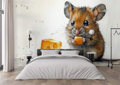 A tiny mouse wearing a tiny bowtie holding a cheese wedge. copy space Wall mural