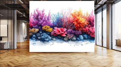 Vibrant coral reef illustration showcasing a stunning array of textures and colors, ideal for marine life projects.  Water color style  Wall mural