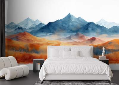 Vibrant watercolor landscape featuring majestic mountains and scenic valleys under a colorful sky, perfect for nature lovers. Water color style Wall mural