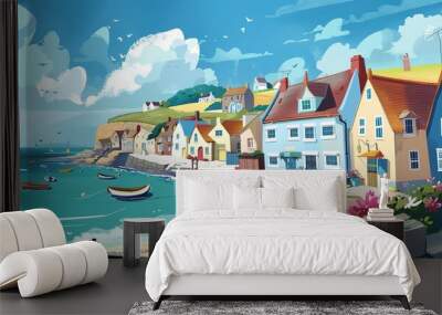 A Sunny Day in a Coastal Village, cartoon Wall mural