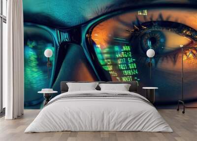 Eyes and Glasses with Tech Reflection, Cyber Security Concept Wall mural