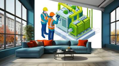 two Engineers checking Transmission System h2, isometric, isolated white background Wall mural