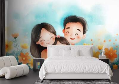 A happy family embracing in the wilderness, illustrated Wall mural