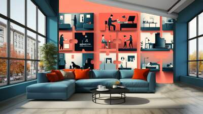 A jigsaw puzzle composed of various aspects of life and modern office work Wall mural