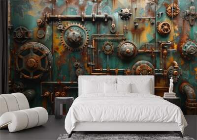 A pile of old gears and mechanical parts arranged on iron sheets Wall mural