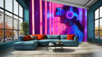 A young man wearing VR glasses. Wall mural