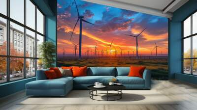 At sunrise, wind turbines arranged on the plain Wall mural