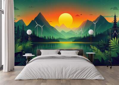 By the high mountain lake, wind turbines Wall mural