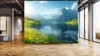 By the high mountain lake, wind turbines Wall mural