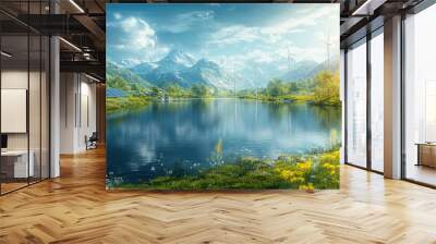 By the high mountain lake, wind turbines Wall mural