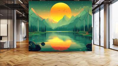 By the high mountain lake, wind turbines Wall mural